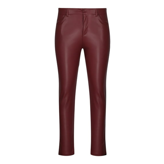 WREESH Men's Leather Pants Punk Retro Gothic Casual Pants Solid Color Casual Leather Pants Full Length Pants Wine