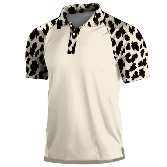 WREESH Men's Leopard Print Henley Shirts Casual Short Sleeve T-Shirt with Turn Down Collar and Buttons a Trendy Leopard Print Top Beige