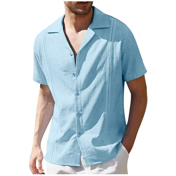 WREESH Men's Linen Button Down Shirts Casual Fashion V-Neck Sleeve Breathable Shirts, Button Beach Short Sleeve Top Light Blue