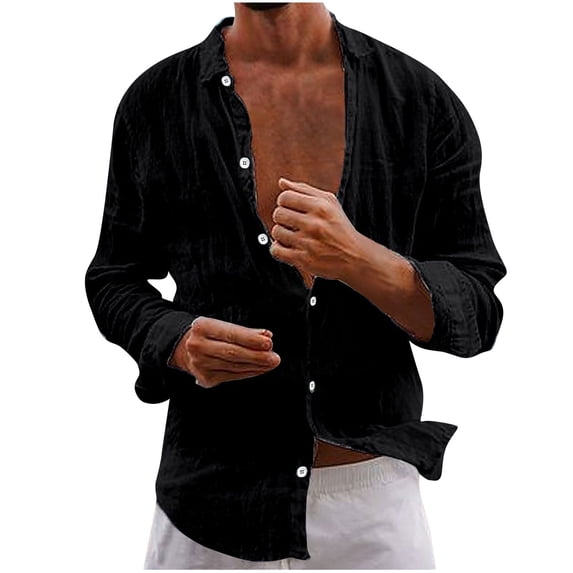 WREESH Men's Linen Button Down Shirts Fashion Casual Solid Color Long Sleeve Turndown Collar Shirts Comfortable Summer Tops Black