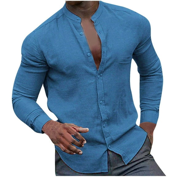 WREESH Men's Linen Button Down Shirts Fashion Casual Solid Color Long Sleeve Turndown Collar Shirts Linen Tops Blue