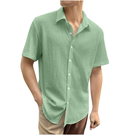 WREESH Men's Linen Button Down Shirts Short Sleeve Solid Color Cotton Linen Casual Shirt with Foldable Collar Green