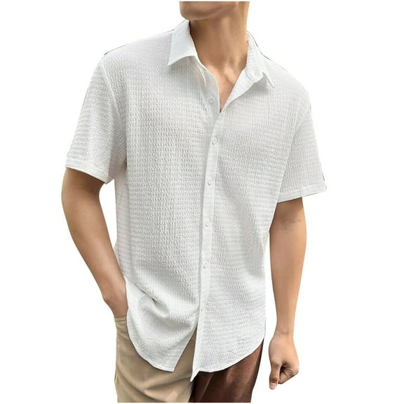 WREESH Men's Linen Button Down Shirts Short Sleeve Solid Color Cotton Linen Casual Shirt with Foldable Collar White