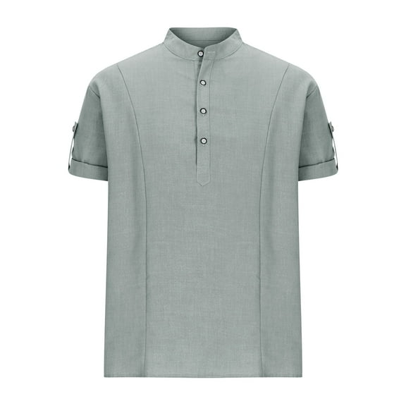 WREESH Men's Linen-Cotton Blended Stand Collar Henley Shirt Beach Casual Pullover Top with Chest Pocket & Breathable Short Sleeves
