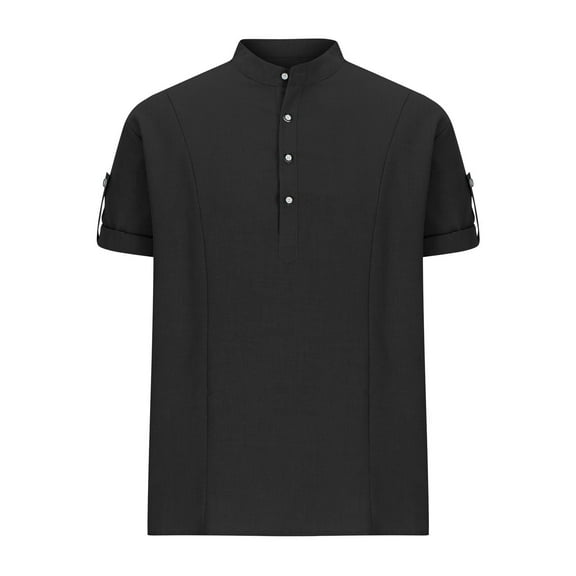 WREESH Men's Linen-Cotton Blended Stand Collar Henley Shirt Beach Casual Pullover Top with Chest Pocket & Breathable Short Sleeves