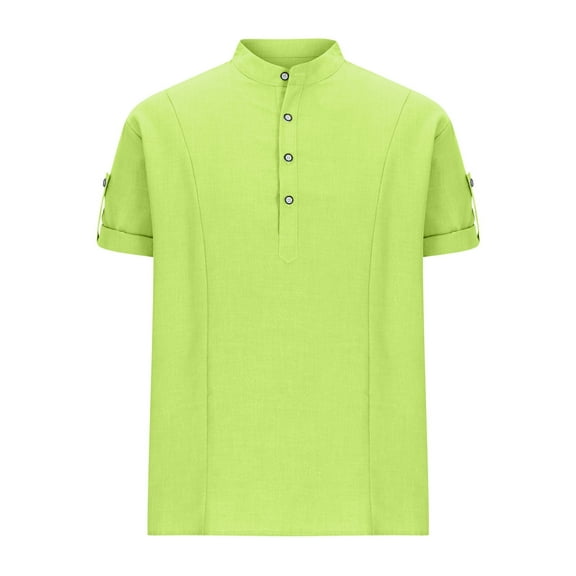 WREESH Men's Linen-Cotton Blended Stand Collar Henley Shirt Beach Casual Pullover Top with Chest Pocket & Breathable Short Sleeves