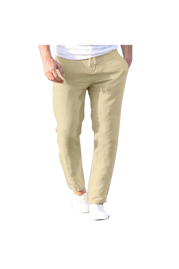 Men's Linen Pants Casual Linen Drawstring Pocket Elastic Belt Straight Solid Pants Beige