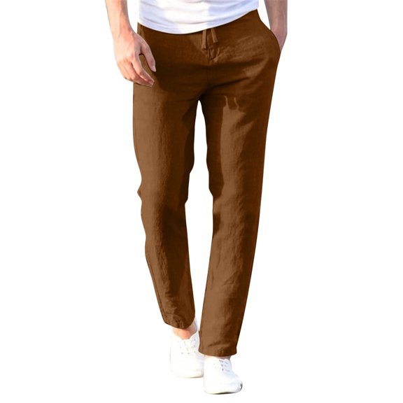 WREESH Men's Linen Pants Casual Linen Drawstring Pocket Elastic Belt Straight Solid Pants Brown
