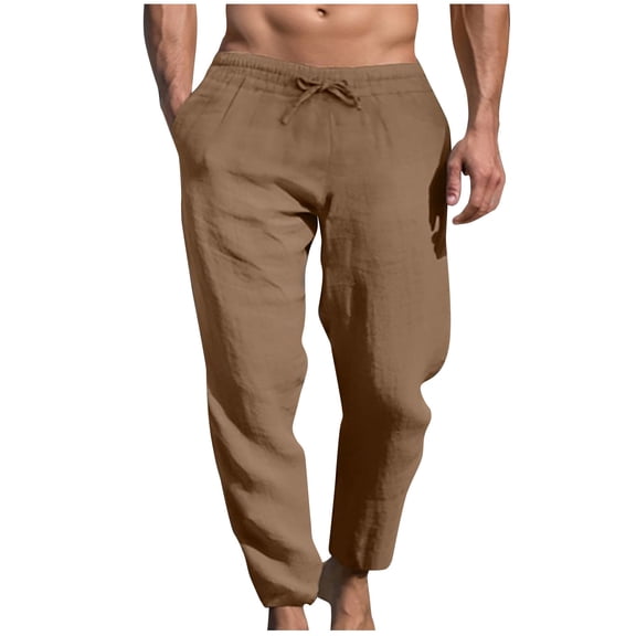 WREESH Men's Linen Pants Casual Linen Drawstring Pocket Elastic Belt Straight Solid Pants Brown