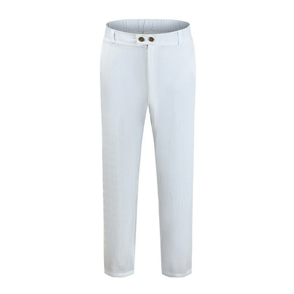 WREESH Men's Linen Pants Solid Color Drawstring Breathable Cotton Linen Loose Casual Pants White