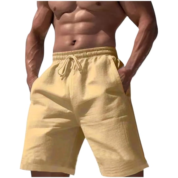 WREESH Men's Linen Shorts Casual Solid Summer with Pockets Drawstring Middle Waist Sport Short Pants Khaki