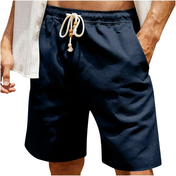 WREESH Men's Linen Shorts Sports Shorts Beach Shorts Casual Solid Color Casual Elastic Waist Drawstring Shorts with Pockets Navy