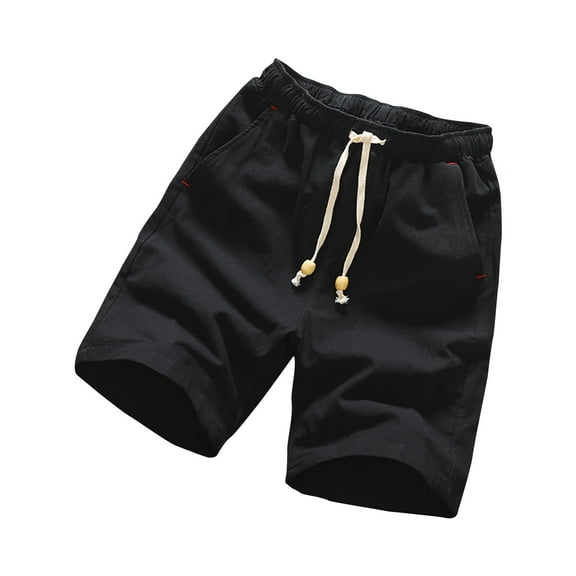 WREESH Men's Linen Shorts Summer Csaual Sports Elastic Waist Solid Color Drawstring Pocket Shorts Black