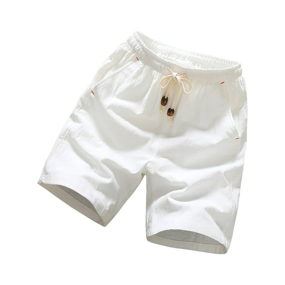 WREESH Men's Linen Shorts Summer Csaual Sports Elastic Waist Solid Color Drawstring Pocket Shorts White
