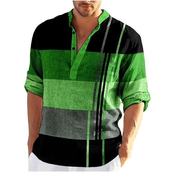 WREESH Men's Long Sleeve Button V-Casual Shirt in Color Block a Trendy Longsleeve Top with a Unique Color Scheme Green