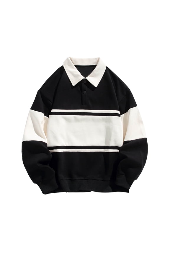 Men's Long Sleeve Pullover Color Block Collared Sweatshirt Preppy Style Tops for Fall Casual Wear Black