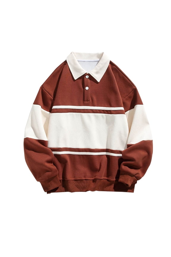 Men's Long Sleeve Pullover Color Block Collared Sweatshirt Preppy Style Tops for Fall Casual Wear Coffee