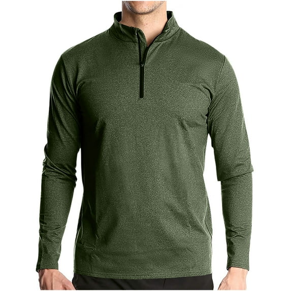 WREESH Men's Long Sleeve Quick Drying Sports Running Pullover with Half Zipper Men's Solid Color Breathable T-Shirt for Active Wear Green