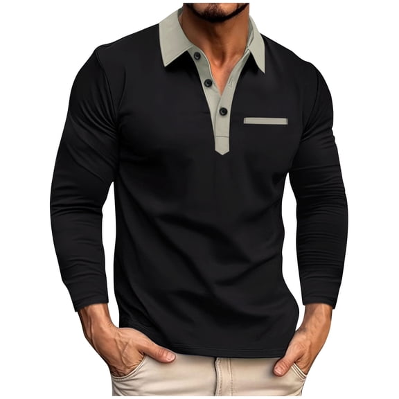WREESH Men's Longsleeve Splice Sports Top Fallow Button Turn-Down Collar Shirt a Solid Print Patchwork Longsleeve Athletic Top Black