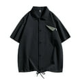 thumbnail image 1 of WREESH Men's Loose Casual Button Down Shirt Contrasting Pockets with Drawstring Hem, Short Sleeve Solid Print Black, 1 of 7