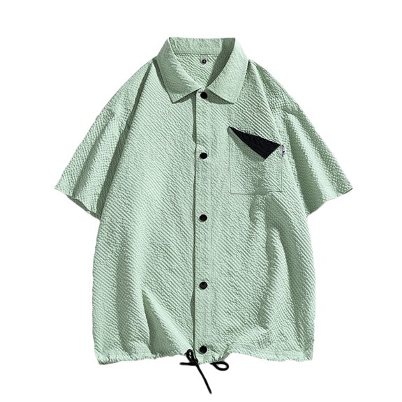 WREESH Men's Loose Casual Button Down Shirt Contrasting Pockets with Drawstring Hem, Short Sleeve Solid Print Green