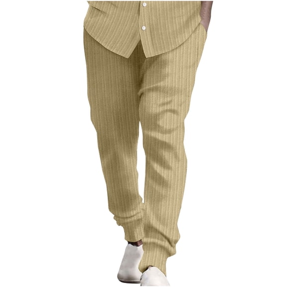 WREESH Men's Lounge Pants Casual Elastic Waist Stripe Pocket Cotton Linen Panel Trousers Pants Gold