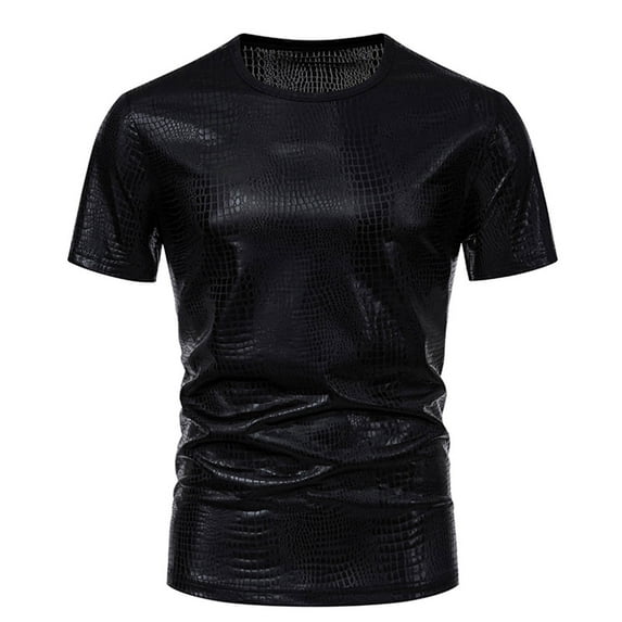 WREESH Men's Metallic Party Shirts Round Neck Solid Color Casual Fashion Pullover Short Sleeve Black