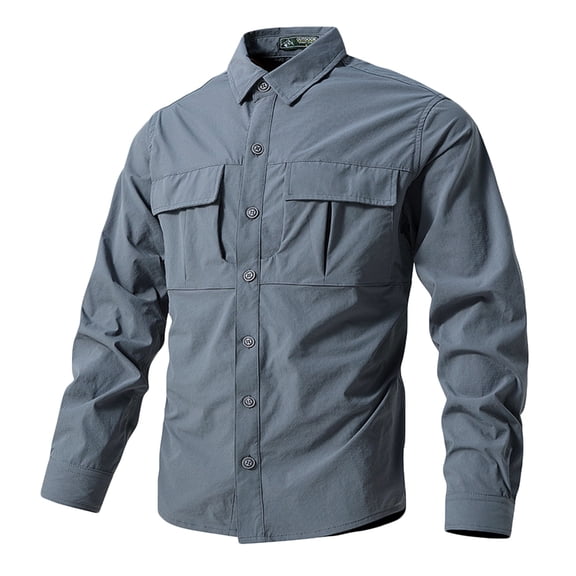 WREESH Men's Outdoor Work Button Down Shirts Long Sleeve Solid Color Elastic Quick Drying with Multiple Pockets Gray