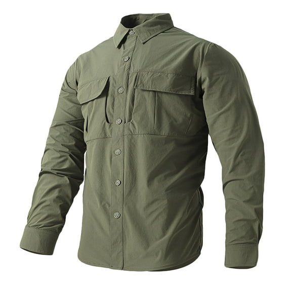 WREESH Men's Outdoor Work Button Down Shirts Long Sleeve Solid Color Elastic Quick Drying with Multiple Pockets Olive Green