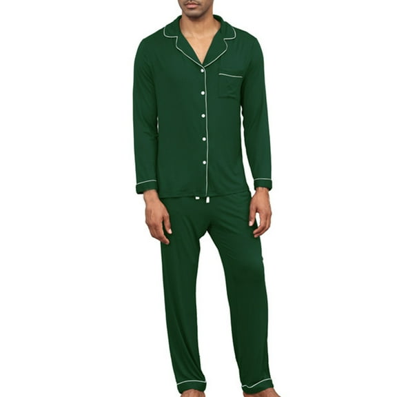 WREESH Men's Pajama Sets Single-Breasted Pajamas Winter Long Sleeve Pajama Pants Homewear Set Two Piece Sets Green