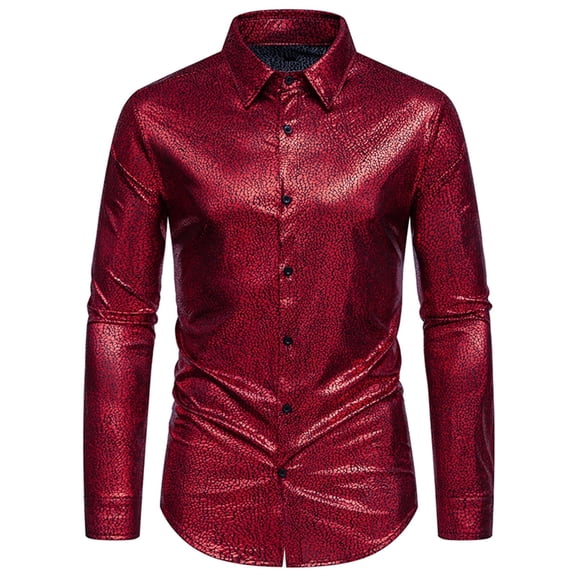 WREESH Men's Party Button Down Shirts Casual Long Sleeve with Turn-Down Collar, Solid Color and Stone Flower Design for a Luxurious Look Red