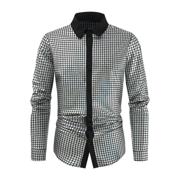 WREESH Men's Party Button Down Shirts Fashion Casual Solid Color Long Sleeve with Sequin Detailing Sparkling Tops Silver