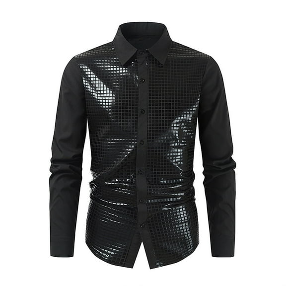 WREESH Men's Party Button Down Shirts Formal Sequin Buckle Shirts with Collar for a Bright Face Long Sleeve Formal Dress Black