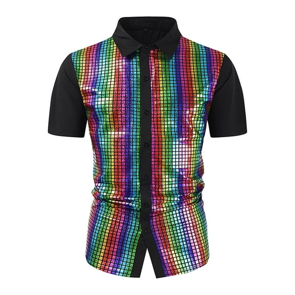 WREESH Men's Party Button Down Shirts Formal Sequin Buckle Shirts with Collar for a Bright and Colorful Appearance Multicolor