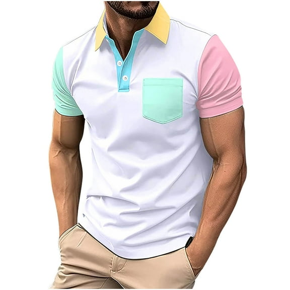 WREESH Men's Patchwork Henley Shirts Casual Short Sleeve T-Shirt with Color Blocking and Button Detail a Trendy Turn Down Collar Top for Men White