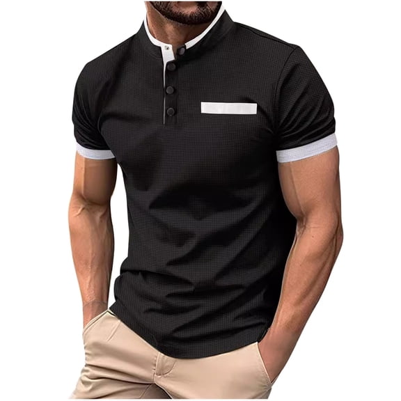 WREESH Men's Patchwork Stand-Up Collar Top Color Blocking Button-Up Short Sleeve a Trendy Stand Collar Pullover with Unique Style Black