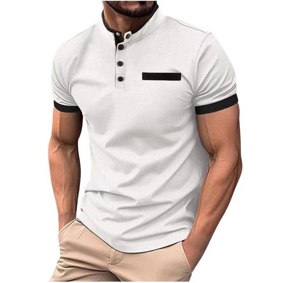 WREESH Men's Patchwork Stand-Up Collar Top Color Blocking Button-Up Short Sleeve a Trendy Stand Collar Pullover with Unique Style White