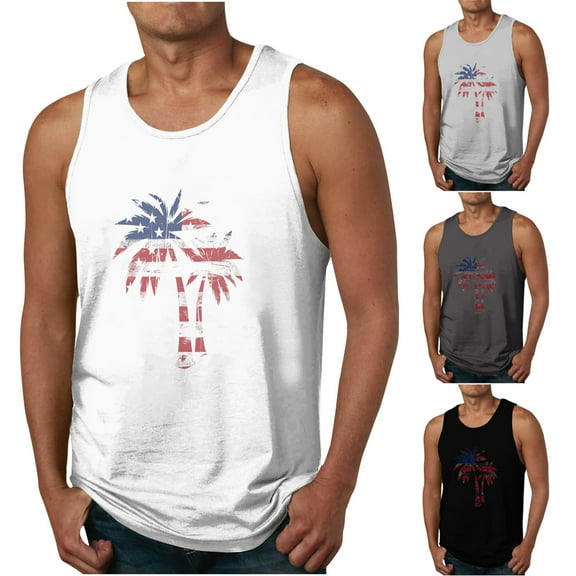 WREESH Men's Patriotic Tank Top Crew Neck Graphic Tee Ideal for 4th of July Celebrations White