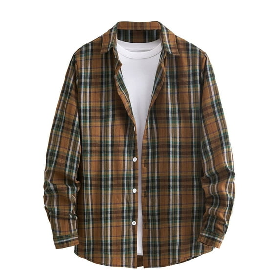 WREESH Men's Plaid Button Down Shirts Casual Fashion Long Sleeve Turndown Collar Shirts for Men's Youthful Tops Coffee