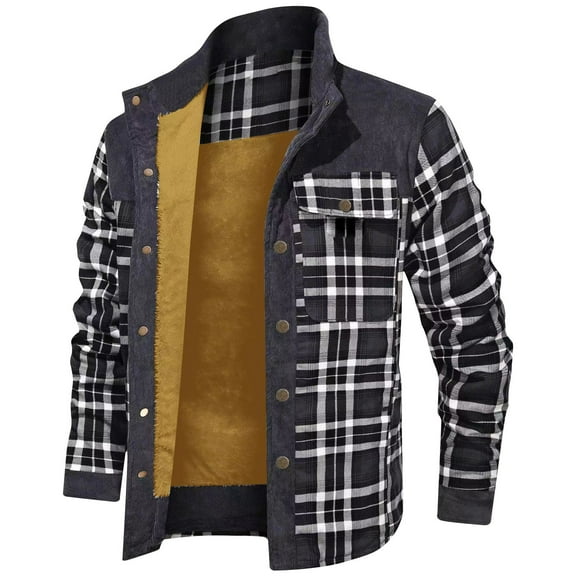 WREESH Men's Plaid Flannel Winter Jacket with Button Closure Pockets, Stand Collar Hooded Long Sleeve Outdoor Workwear Coat