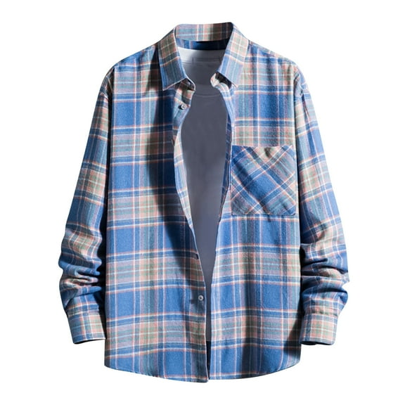 WREESH Men's Plaid Shirt Fashion Casual Long Sleeve with Pockets Button Down Shirt in a Classic Plaid Print Blue
