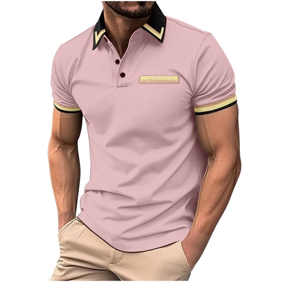 WREESH Men's Printed Henley Shirts Short Sleeve Turndown Collar Shirt with a Unique Solid Print for a Trendy Style Statement Pink