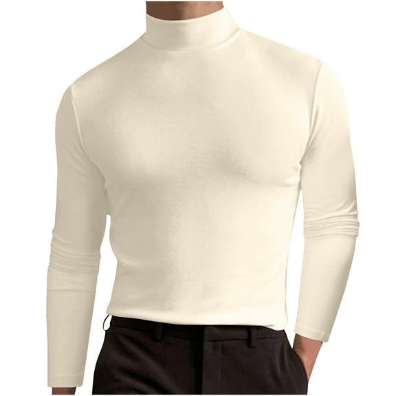 WREESH Men's Pullover Casual Fashion Solid Elasticity Turtleneck Long Sleeve Tops Shirt Beige