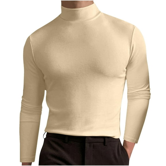WREESH Men's Pullover Casual Fashion Solid Elasticity Turtleneck Long Sleeve Tops Shirt Khaki
