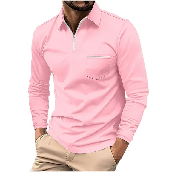 WREESH Men's Pullover Casual Fashion Turn-Down Collar Long Sleeve Pullover Breathable Shirt Shirt Tops Pink