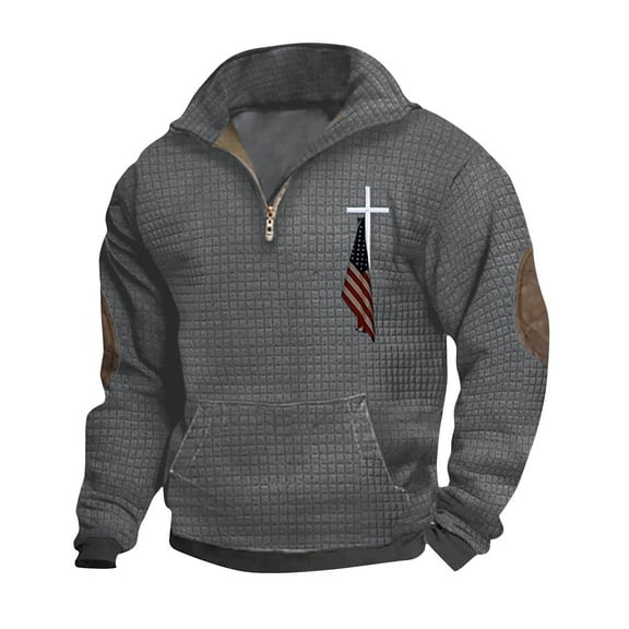 WREESH Men's Pullover Casual Patchwork Pullover Fashion Long Sleeve Stand Collar Zipper Shirt Dark Gray