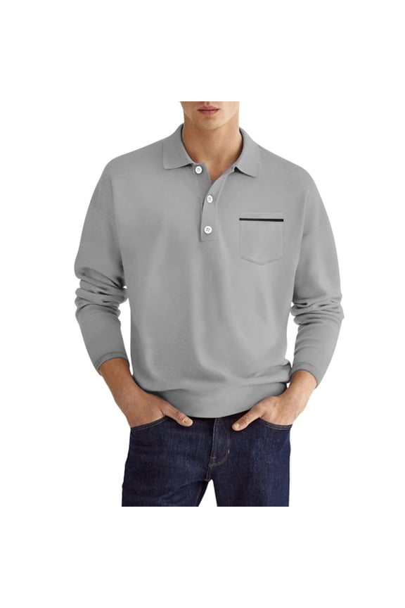 Men's Pullover Casual Solid Turndown Pullover Button Fashion Long Sleeve Shirt Dark Gray
