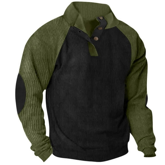 WREESH Men's Pullover Fashion Casual Sports Stand Collar Button Patchwork Long Sleeve Pullover Sweatshirt Shirt Army Green
