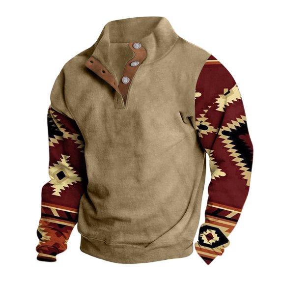 WREESH Men's Pullover Fashion Casual Sports Stand Collar Button Patchwork Print Long Sleeve Pullover Sweatshirt Shirt Coffee
