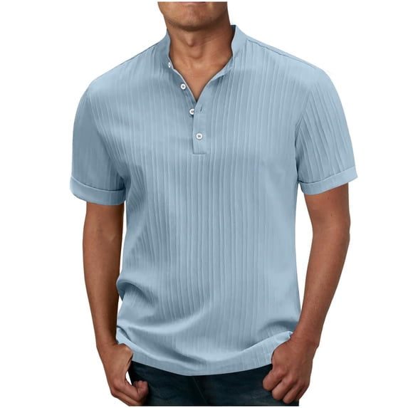 WREESH Men's Pullover Sport Top Solid Color Short Sleeve Shirt with Button Front a Comfortable Short Sleeve Top for Sports and Casual Outings Light Blue